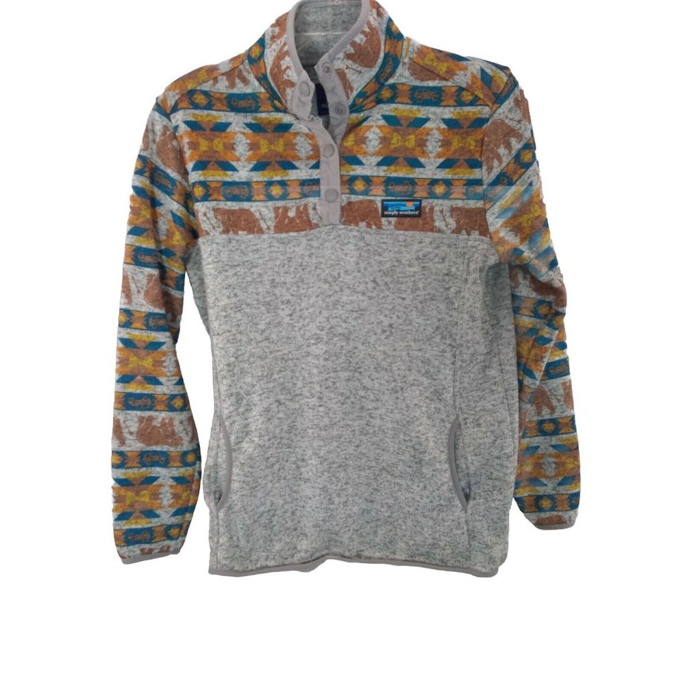 Simply Southern Bear Knit Snap Pullover in Smoke Tone Size L